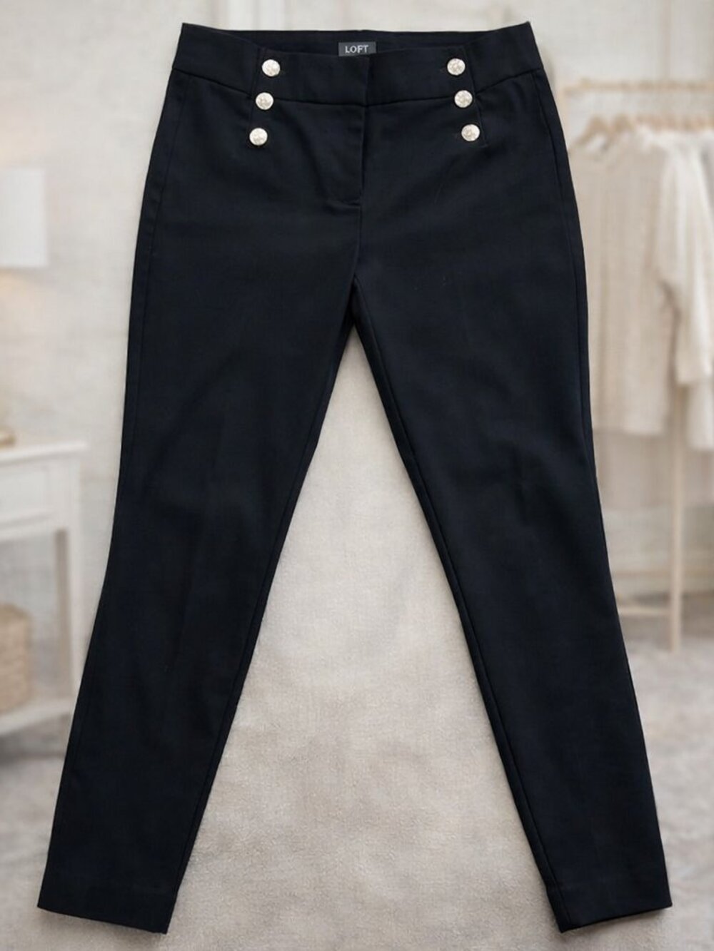 LOFT Marisa Black Button‑Front Slim Pants High‑Waist Tailored Nautical Trousers